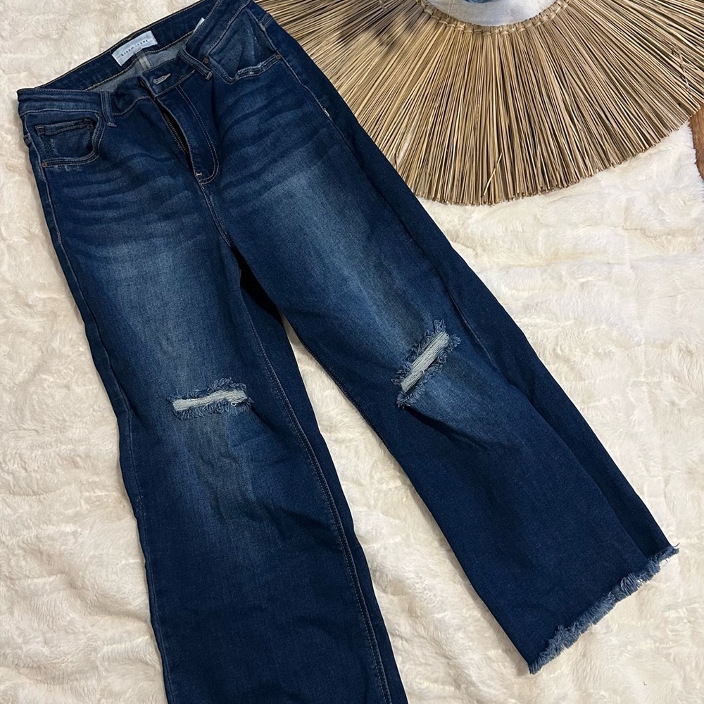 Women's Dark Blue Distressed Flare Jeans